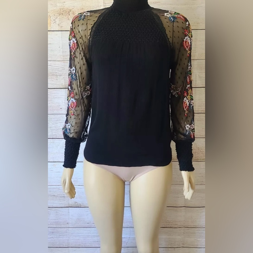 Banjara Women Black Embroidered Side Lace Long Sleeve Blouse Size Small